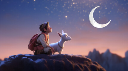 Obraz na płótnie Canvas cute goat and a muslim boy gazing at the crescent moon, eid ul azha festival background created with generative ai
