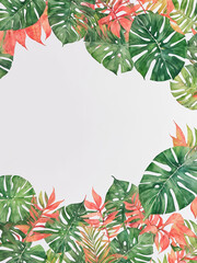 Fototapeta na wymiar Background with monstera leaves, instagram resolution. Watercolor illustration of leaves frame. Generative AI.