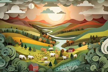 Obraz na płótnie Canvas Peaceful countryside papercut illustration - Generative AI.
