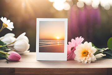 A mockup of a blank polaroid photo frame, surrounded by soft pastel flowers, perfect for greeting cards and invitations