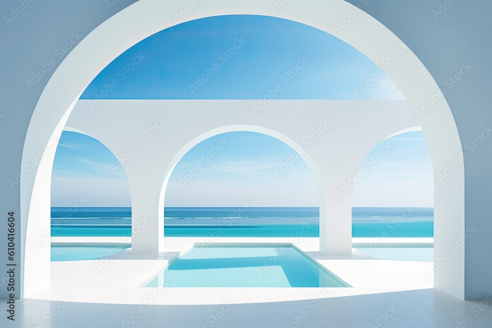 Poster abstract summer scene with geometric form. view of the beach and the sea. generative ai
