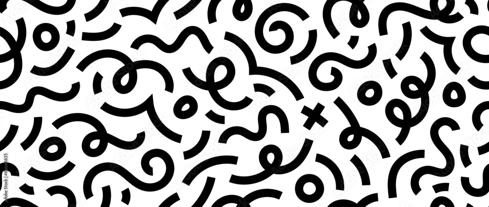 Poster abstract doodle squiggly lines seamless pattern. black and white childish scribble repeating backgro