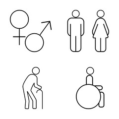 Simple set of people related vector line icons. man and woman icon set, wheelchair person, elderly person.
