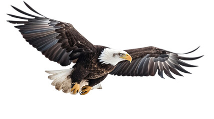 An American bald eagle flying on a transparent background, Generative AI