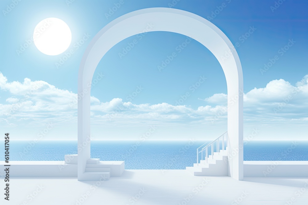 Poster abstract summer scene with geometric form. view of the beach and the sea. generative ai