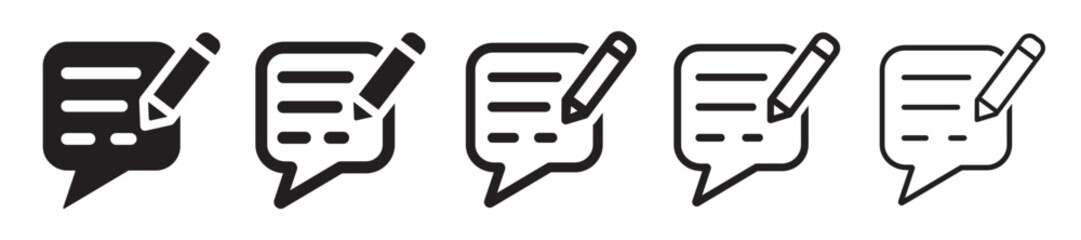 Set of feedback icons. Write a feedback, customer review, message, speech bubble and pencil. Survey, article, blog, social media. Vector.