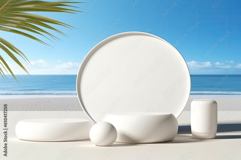 Poster example of an abstract minimalist display pedestal with a summer beach picture for displaying items 