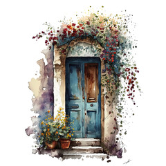 Cozy door with flowers watercolor. Illustration AI Generative.