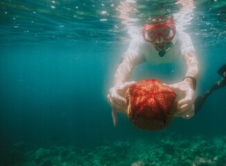 snorkeling woman holding starfish underwater