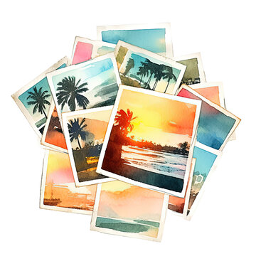 Watercolor stack of instant photos with summer theme. Illustration AI Generative.