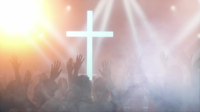 hands of a crowd of worship people at a Christian meeting on  background of the cross  and dove 3d render