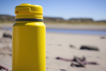 A yellow thermos bottle sits on the sand of an ocean beach on a hot summer day. Summertime, vacations, and leisure. Generative AI