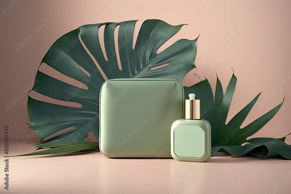 Poster a simple abstract background for a display of cosmetics. elegant podium with a shadow of a palm leaf