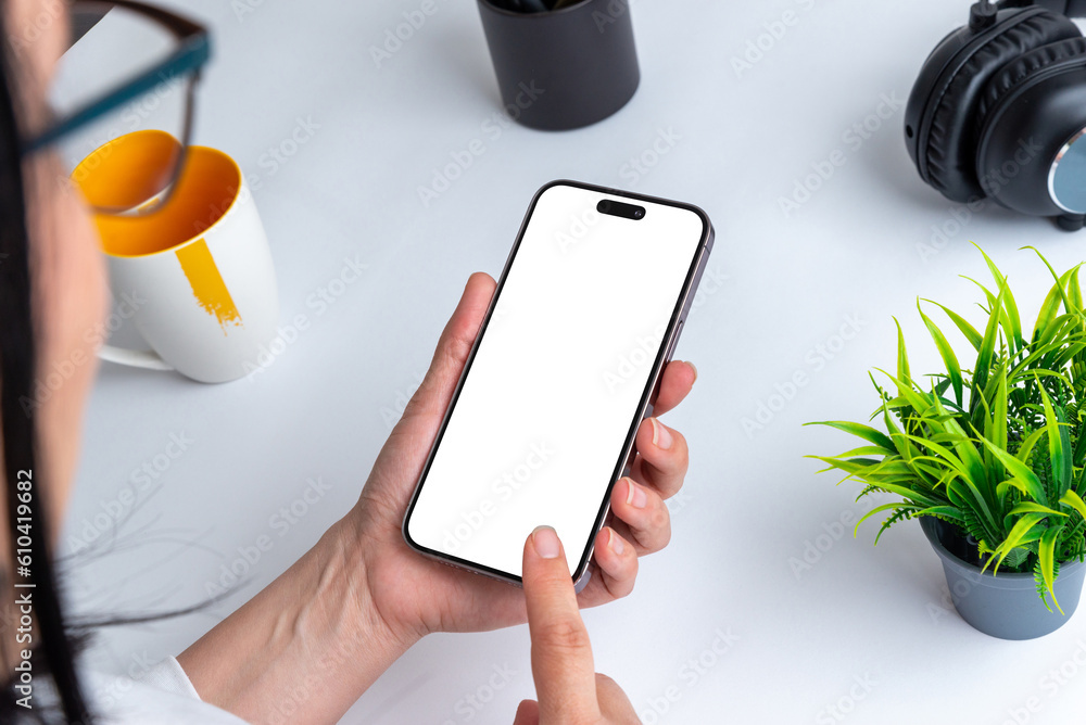 Poster woman touch smart phone with isolated display for mockup fort app or od web page presentation. offic