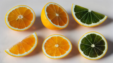 Obraz premium Lemons and oranges background, cut citrus banner, header. Fresh, juicy fruits for summer. Generative AI.