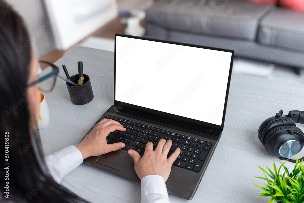 Poster woman work at home on laptop computer with isolated screen for web page presentation. isolated scree