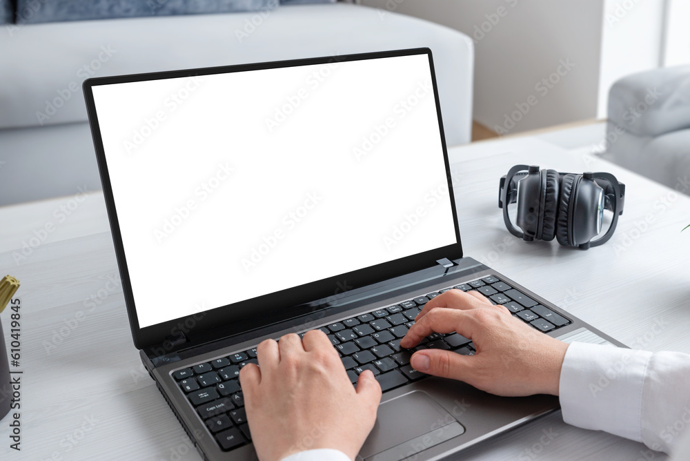 Poster Work on laptop computer close-up. Isolated screen in white for web page presentation