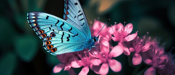 Beautiful blue butterfly on a pink flower in nature, close-up macro