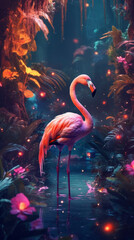 A flamingo in a tropical jungle with vibrant colors ai generative