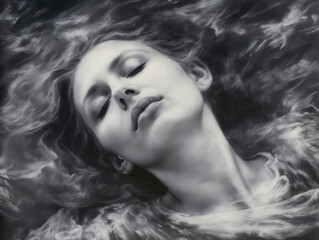 An AI-generated portrait illustration of a 3d-rendered woman peacefully sleeping, immersed in a world of tranquillity. In her peaceful sleep, the body finds rest. The mind finds respite. 