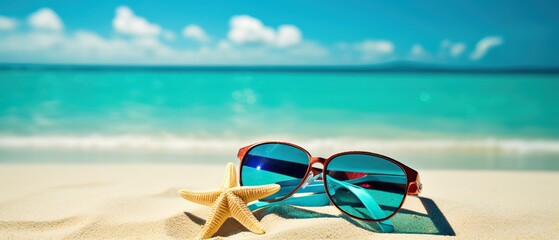 Fototapeta na wymiar Beautiful colorful background for summer beach holiday. Sunglasses, starfish, turquoise flip-flops on sandy tropical beach against blue sky with clouds on bright sunny day