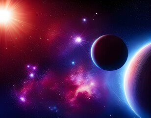 Fototapeta na wymiar view of an alien planet orbiting a star with galaxies and glowing nebula in the sky science fiction concept. generative ai