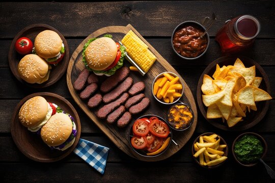 Summer BBQ food table setting with a hot dog and hamburger buffet. Aerial image with a dark wood backdrop. Generative AI