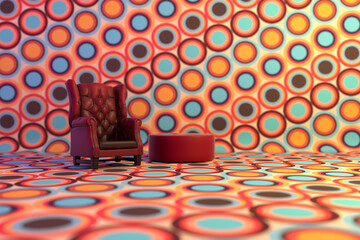 Armchair in room with retro graphic colorful