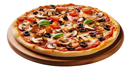 tasty supreme pizza with mushrooms, olives, cherry tomatoes and basil shot down on isolated transparent background made with generative AI
- 610421663