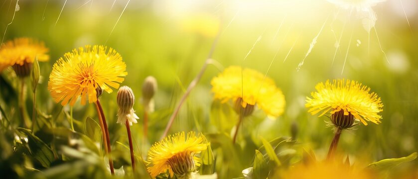 Beautiful flowers of yellow dandelions in nature in warm summer or spring on meadow in sunlight, macro. Dreamy artistic image of beauty of nature. Soft focus