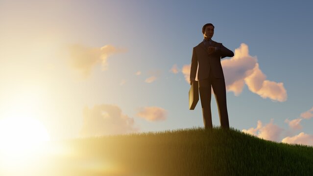 Happy Businessman outdoors on a grassy hill