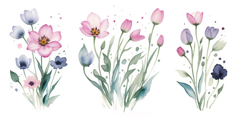 Watercolor illustration on a white background. A set of wild flowers, bouquets with herbs and buds. For wedding cards and invitations. Generative AI