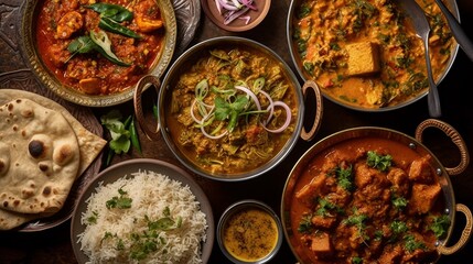 Fototapeta na wymiar Top view of assorted indian curry and rice dishes ai generative