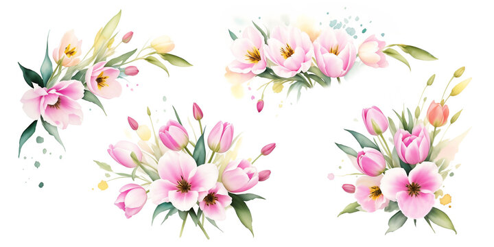 Watercolor set of tulip flowers, drawn in the style of romance. Beautiful floral collection for romantic greeting card design, wedding invitations, nature print or botanical poster. Generative AI