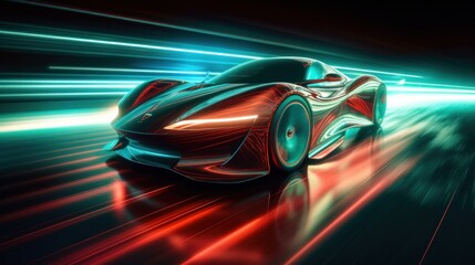 Obraz na płótnie Canvas Futuristic sports car, in the style of flickering light effects, futuristic chromatic waves Illustration AI Generative.