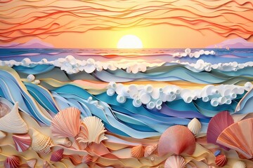 Sunrise at the beach papercut illustration - Generative AI.