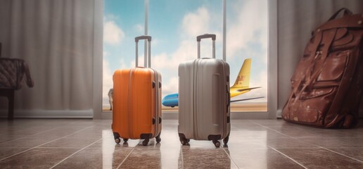 Yellow luggage bags sitting next to an airport Illustration AI Generative
