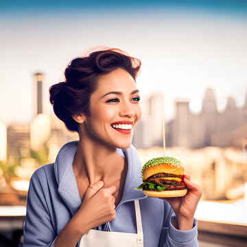 Smiling woman about to eat a meatless vegan cheese burger. Generative AI