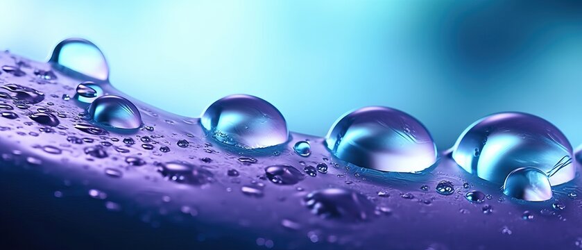 Beautiful large transparent water drops or rain water on blue purple turquoise soft background, macro. Elegant delicate artistic image nature