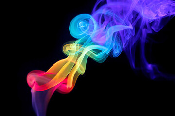 Colorful rainbow swirly incense smoke under prism light flowing upward inside dark studio