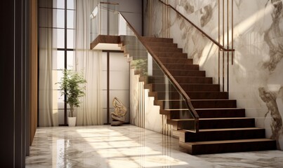 Modern interior with stairs, white furniture, and brushed, in the style of dark beige and bronze Illustration AI Generative.