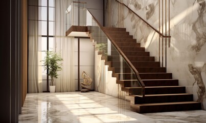 Fototapeta premium Modern interior with stairs, white furniture, and brushed, in the style of dark beige and bronze Illustration AI Generative.