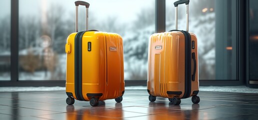 Yellow luggage bags sitting next to an airport Illustration AI Generative