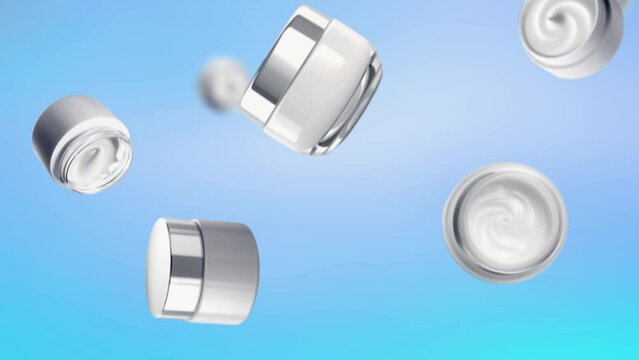 Falling creme jars, cosmetic creme glass or plastic packages, beauty industry, skin care concept. 