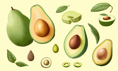 Avocado icons set. Bright green whole fruit or vegetables, half, slices, with a large seed. Food for a healthy diet. Vector flat illustration