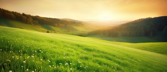 Beautiful summer colorful rustic pastoral landscape panorama. Tall flowering grass on green meadow at sunrise or sunset with beautiful announcement against blue sky