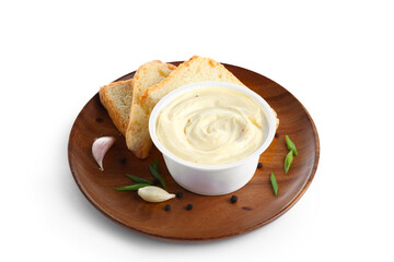 Plate with box of processed cheese and toasts isolated on white background
