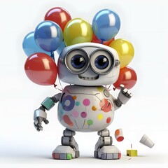 Plakat PIXAR STLE image of cute ROBOT with beautiful big shining eyes, GLASSES, smiling, WITH BALLOONS AND PARTY POPPER, WHITE BACKGROUND, 4K HD, colorful