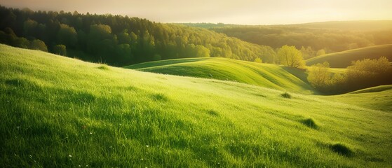 Obraz premium Beautiful natural spring summer landscape of meadow in a hilly area on sunset. Field with young juicy green grass