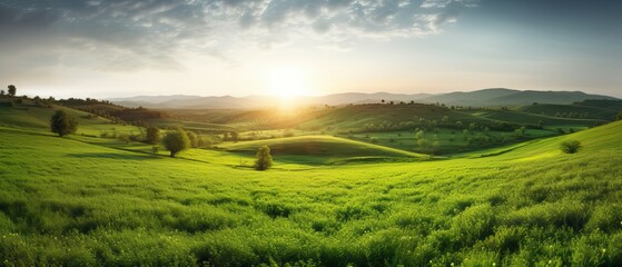 Beautiful natural spring summer landscape of meadow in a hilly area on sunset. Field with young juicy green grass - obrazy, fototapety, plakaty